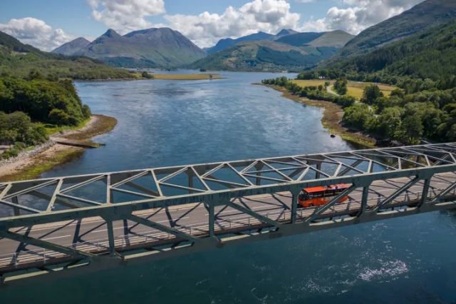 The Hairy Coo tour bus on Ballachulish bridge