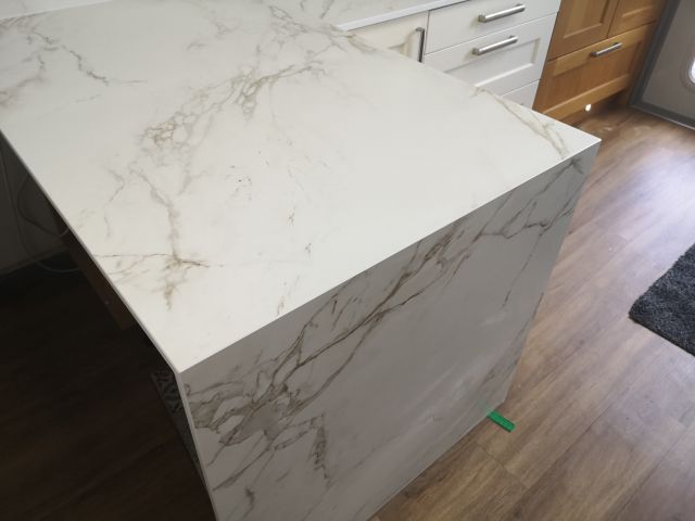 Mitred waterfall marble kitchen island