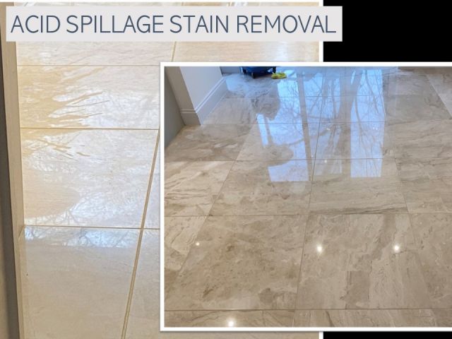 Acid spillage stain removal from stone floor restoration