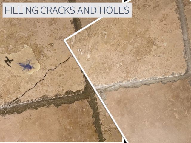 Filling of cracks and holes in stone floors and sanding them to match the surrounding stone