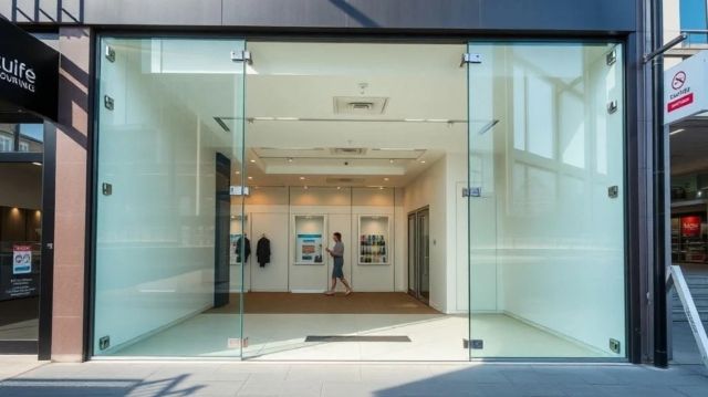 Toughened glass shopfront with doors
