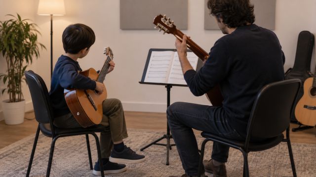 A guitar lesson, taught on an instrument sized for the child