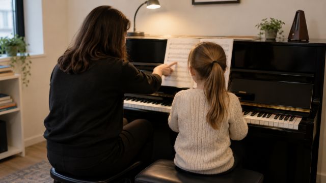 A piano lesson in progress one to one, every week