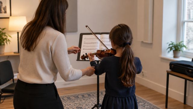 A violin lesson the teacher guiding the bowing arm